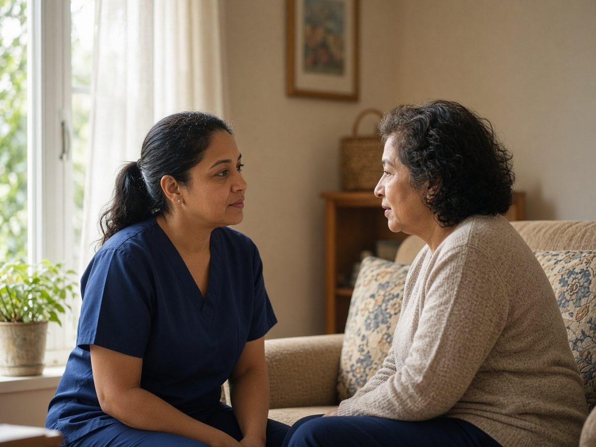 Clinician speaking with a patient during a home care conversation