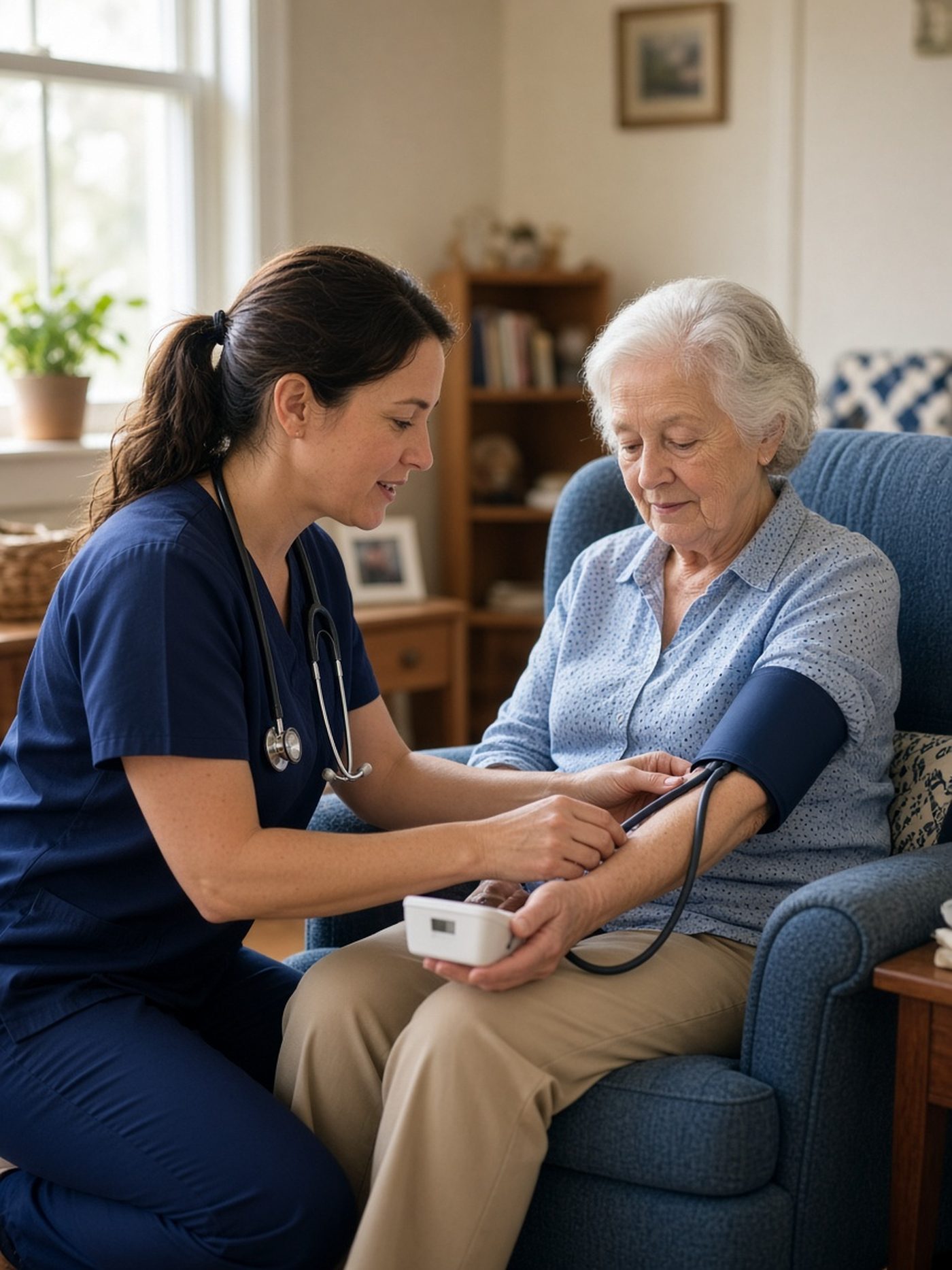 Home health clinician supporting an older adult during a care visit at home